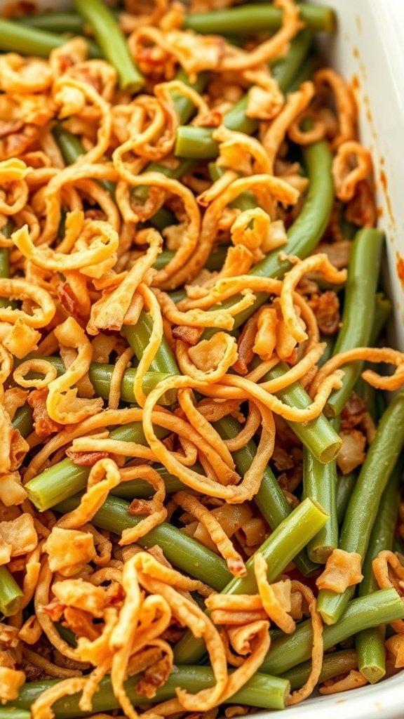 A delicious green bean casserole topped with crispy fried onions.