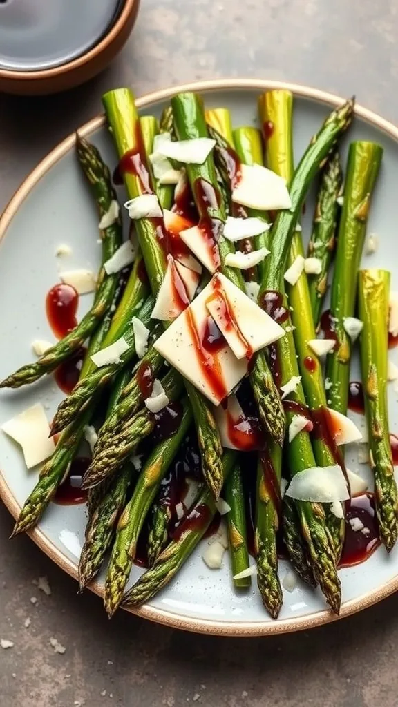 A plate of grilled asparagus topped with Parmesan cheese and drizzled with sauce