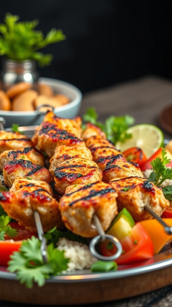 Platter of grilled chicken skewers with vegetables, garnished with fresh herbs