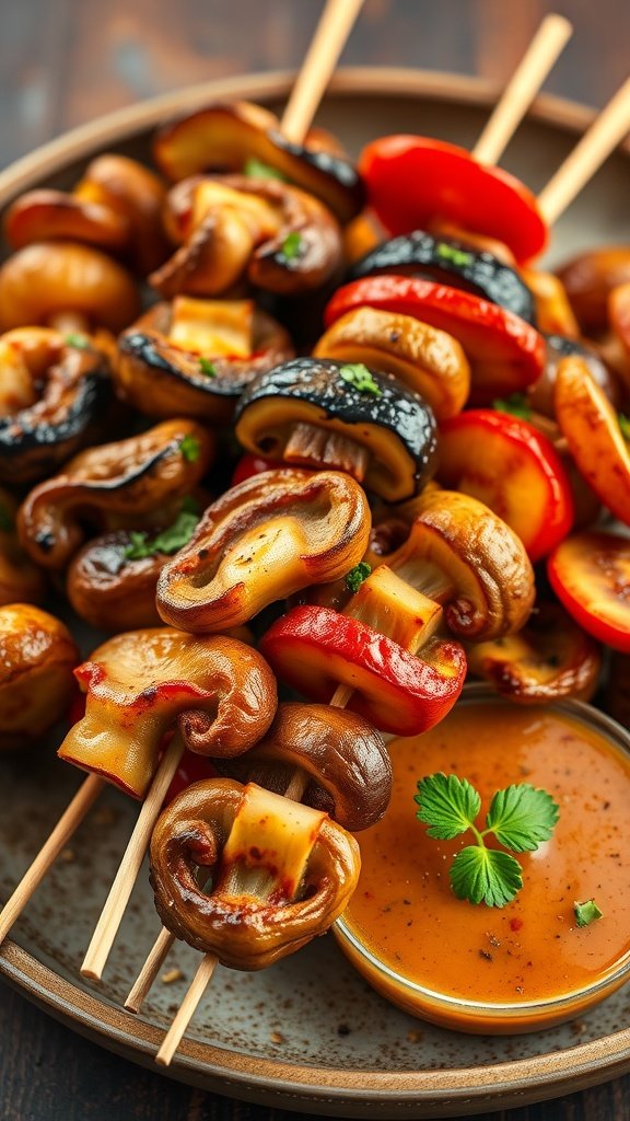 A plate of grilled mushroom skewers with colorful bell peppers and a dipping sauce
