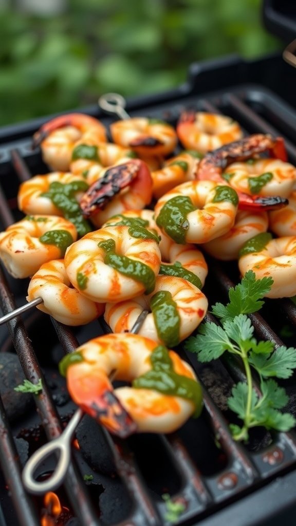 Grilled shrimp skewers with chimichurri sauce on a grill, featuring bright colors and fresh ingredients.
