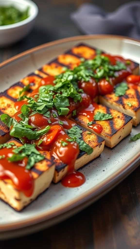 Grilled tofu topped with chimichurri sauce, garnished with fresh herbs on a plate.