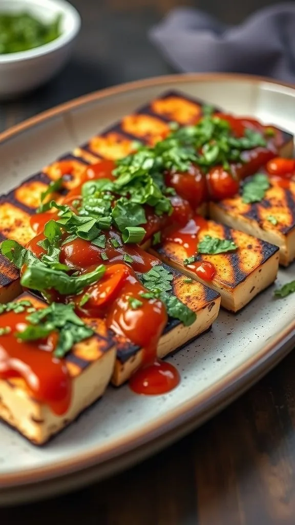 Grilled tofu topped with chimichurri sauce, garnished with fresh herbs on a plate.