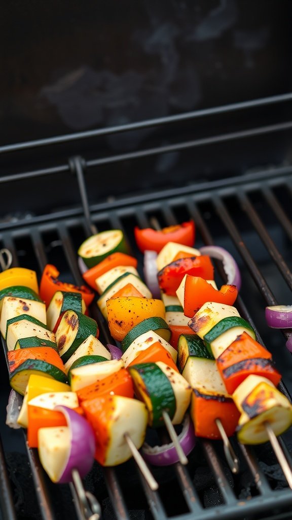 Grilled zucchini skewers with colorful vegetables on a grill.