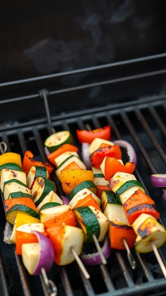 Grilled zucchini skewers with colorful vegetables on a grill.
