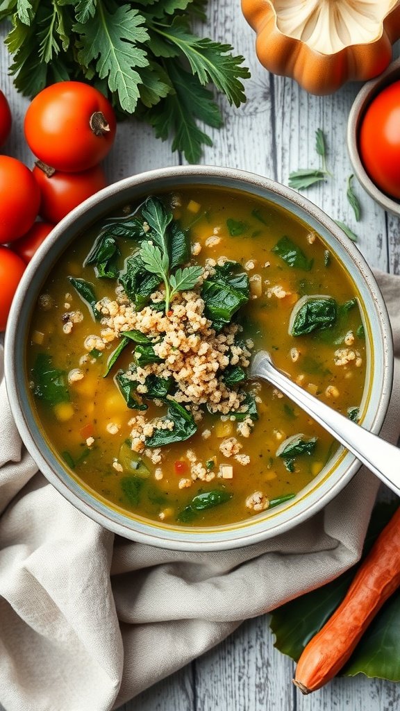 A bowl of hearty kale and quinoa soup garnished with parsley, surrounded by fresh vegetables.