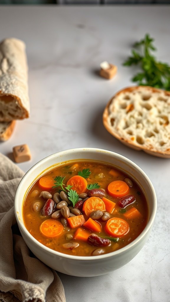 A bowl of hearty lentil soup with carrots and celery, accompanied by bread.