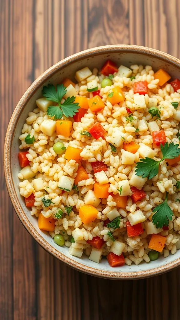 A bowl of herbed couscous mixed with colorful diced vegetables like bell peppers and peas, garnished with fresh herbs.