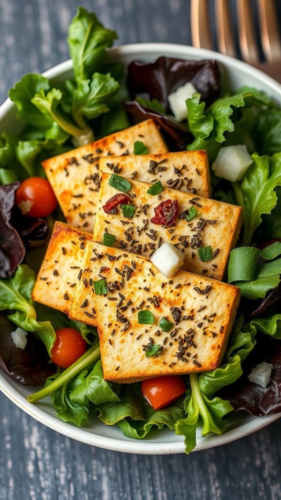 A bowl of herbed tofu slices on a bed of mixed greens and tomatoes