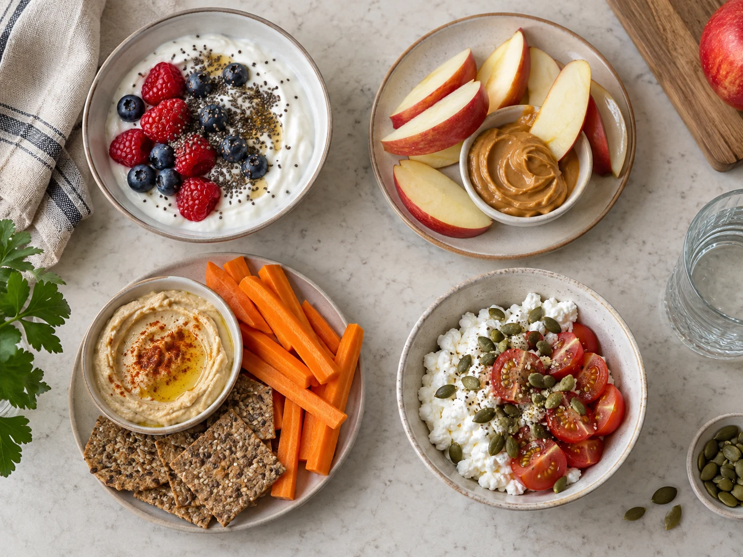 Four high-protein snack pairings with Greek yogurt and berries, apple and peanut butter, hummus with carrots and crackers, and cottage cheese with tomatoes
