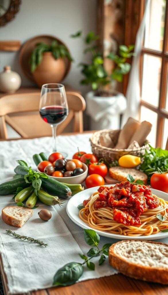 high quality, ultra detailed, hyper realistic, 4k digital painting of a mediterranean diet meal plan with fresh ingredients, featuring a wooden table with a white tablecloth, fresh vegetables like tomatoes, cucumbers, bell peppers, olives, and herbs like basil and oregano, a plate of pasta with tomato sauce, a glass of red wine, and a piece of fresh bread, natural lighting from a large window casting warm, diffused light across the scene, shot with a wide angle lens to capture the full table setting, creating a cozy, inviting atmosphere high quality, ultra detailed, hyper realistic, 4k digital painting of a mediterranean diet meal plan with fresh ingredients, featuring a wooden table with a white tablecloth, fresh vegetables like tomatoes, cucumbers, bell peppers, olives, and herbs like basil and oregano, a plate of pasta with tomato sauce, a glass of red wine, and a piece of fresh bread, natural lighting from a large window casting warm, diffused light across the scene, shot with a wide angle lens to capture the full table setting, creating a cozy, inviting atmosphere