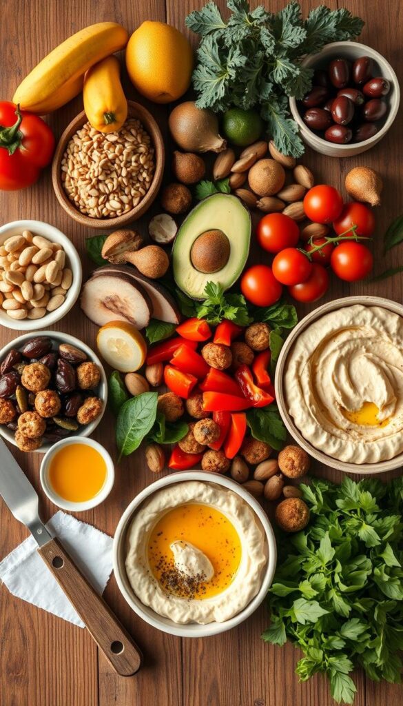 high resolution, high quality, ultra detailed, 8K, natural lighting, golden hour, studio shot, overhead view, flat lay, vegan mediterranean diet breakfast ideas, assortment of fresh vegetables, fruits, nuts, seeds, whole grains, olive oil, hummus, avocado, falafel, roasted red peppers, olives, tomatoes, cucumbers, artfully arranged on a rustic wooden table, warm earthy color palette, clean minimalist composition, soft focus background