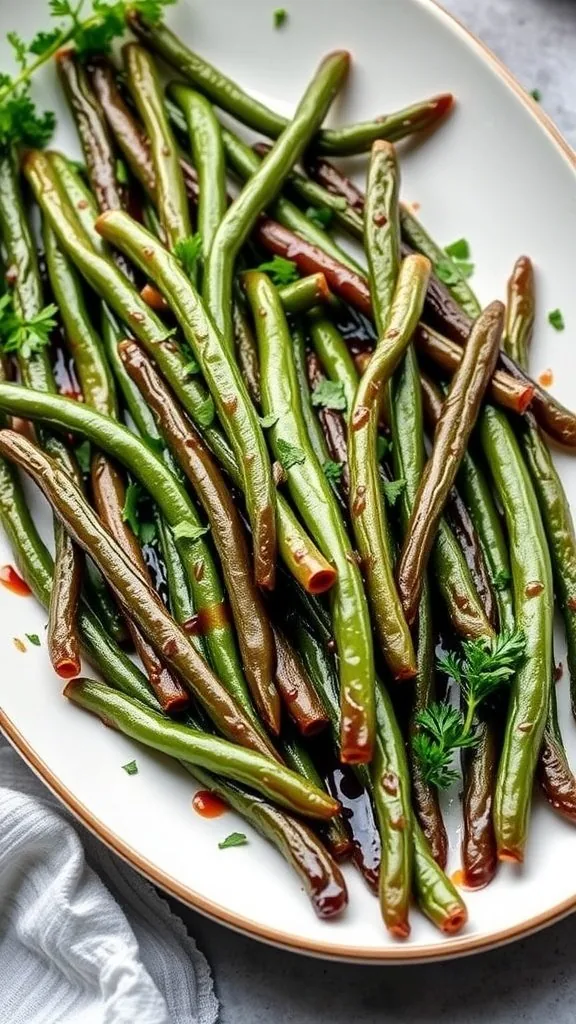 A serving of honey balsamic glazed green beans on a platter, garnished with parsley.