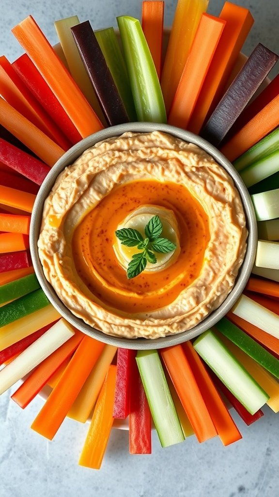 A bowl of hummus surrounded by colorful veggie sticks including carrots, celery, and bell peppers.