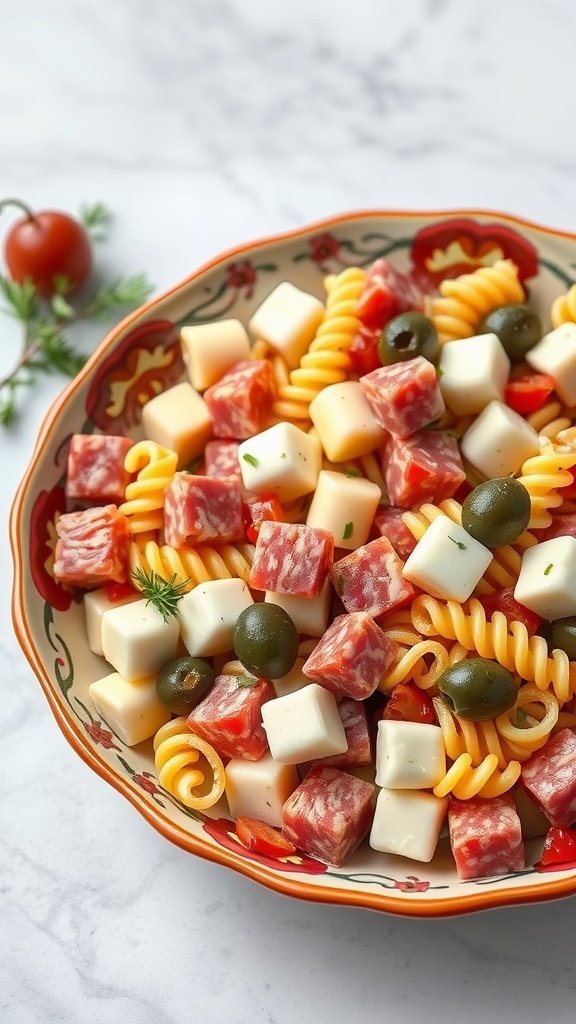 A colorful Italian pasta salad with salami, cheese, and olives in a decorative bowl.