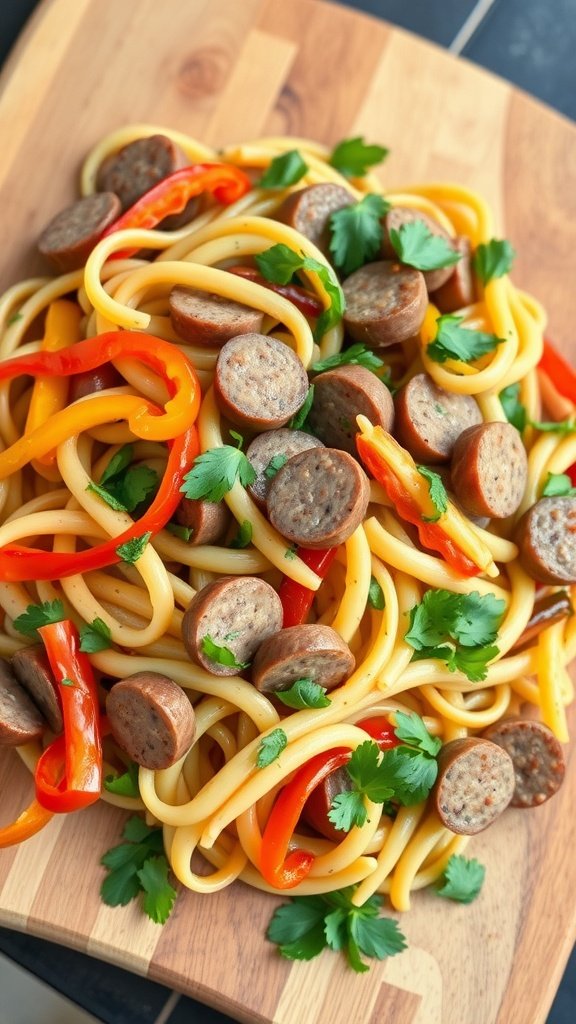 A colorful bowl of Italian sausage pasta salad with bell peppers and fresh herbs.