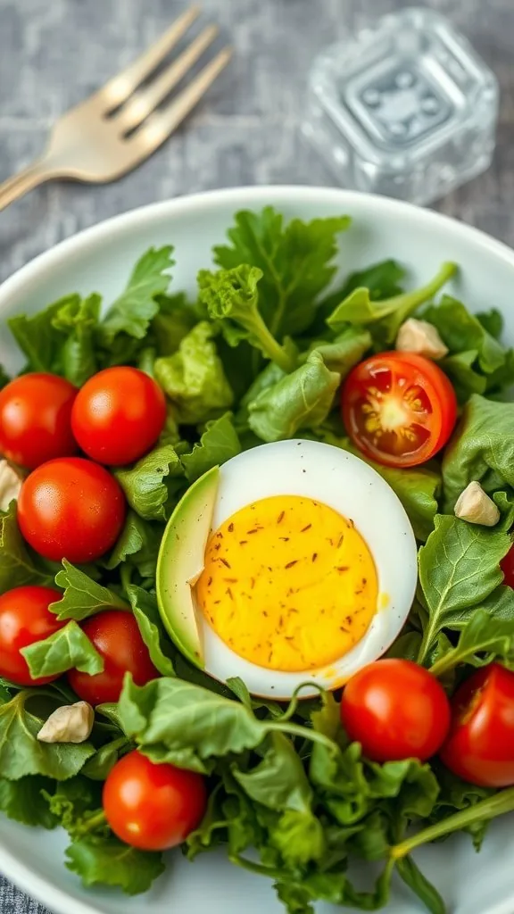 A plate with a salad featuring mixed greens, cherry tomatoes, and a halved boiled egg in the center.