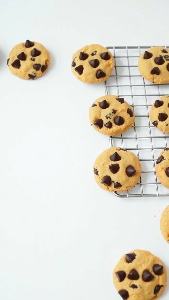 Freshly baked keto chocolate chip cookies on a cooling rack