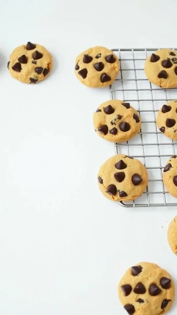 Freshly baked keto chocolate chip cookies on a cooling rack