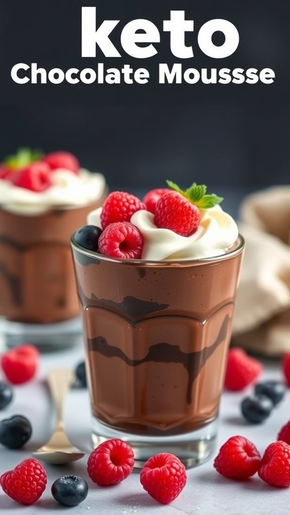 A delicious keto chocolate mousse topped with raspberries and blueberries in a glass