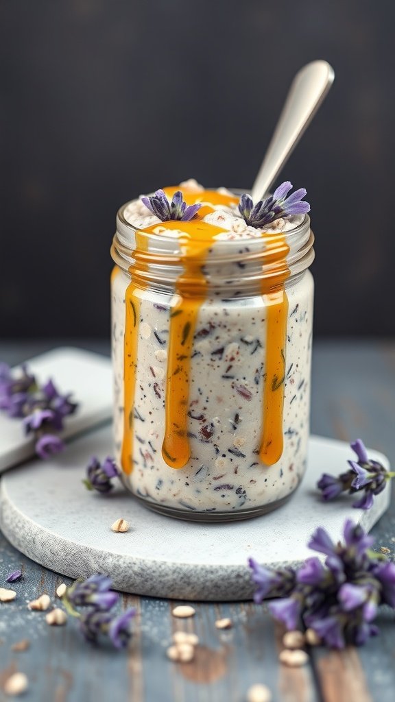 A jar of Lavender Honey Overnight Oats topped with honey and lavender flowers on a marble surface.