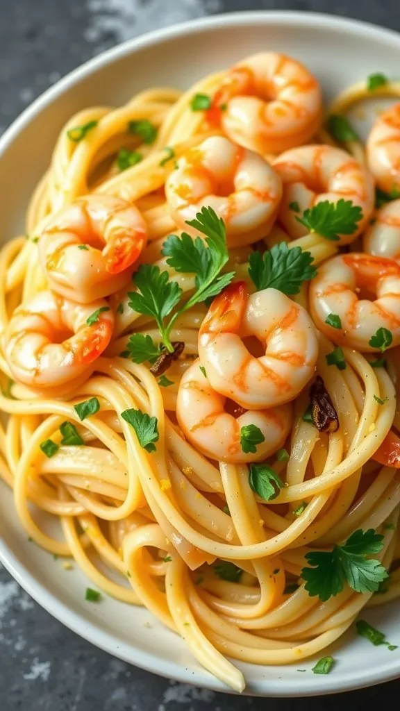 A plate of Lemon Garlic Shrimp Pasta garnished with fresh parsley and shrimp