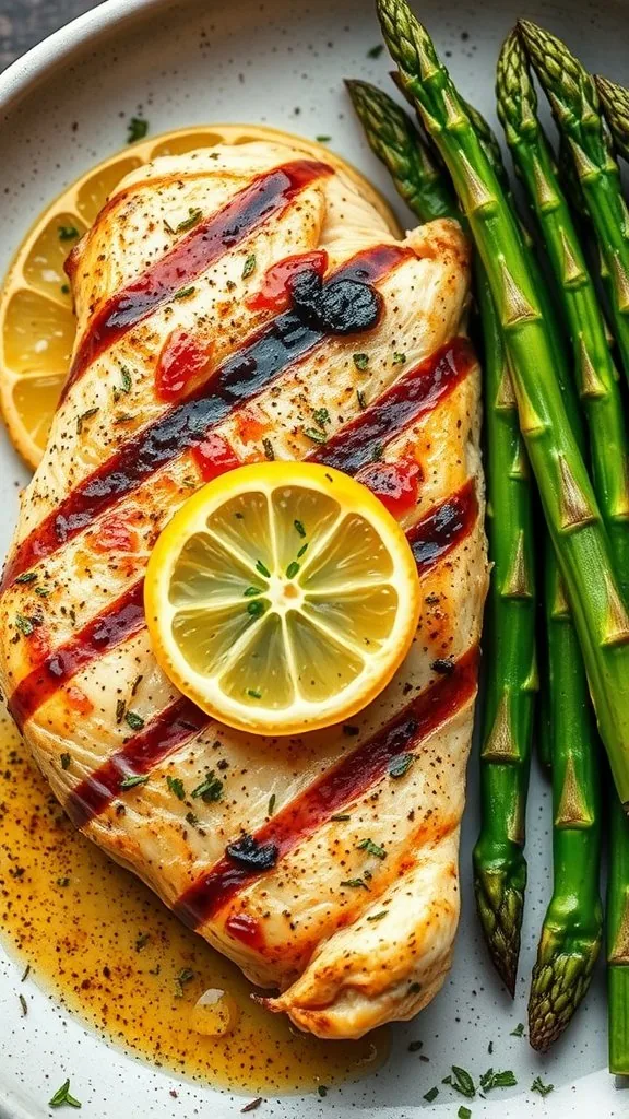 Grilled chicken breast garnished with lemon slices and served with asparagus