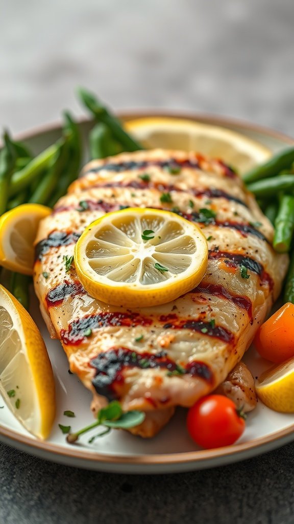 Grilled chicken breast topped with lemon slices, surrounded by green beans and cherry tomatoes