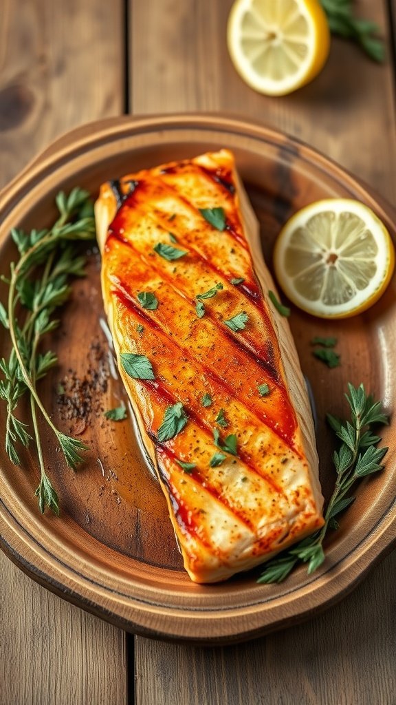 Grilled salmon with lemon slices and fresh herbs on a wooden plate