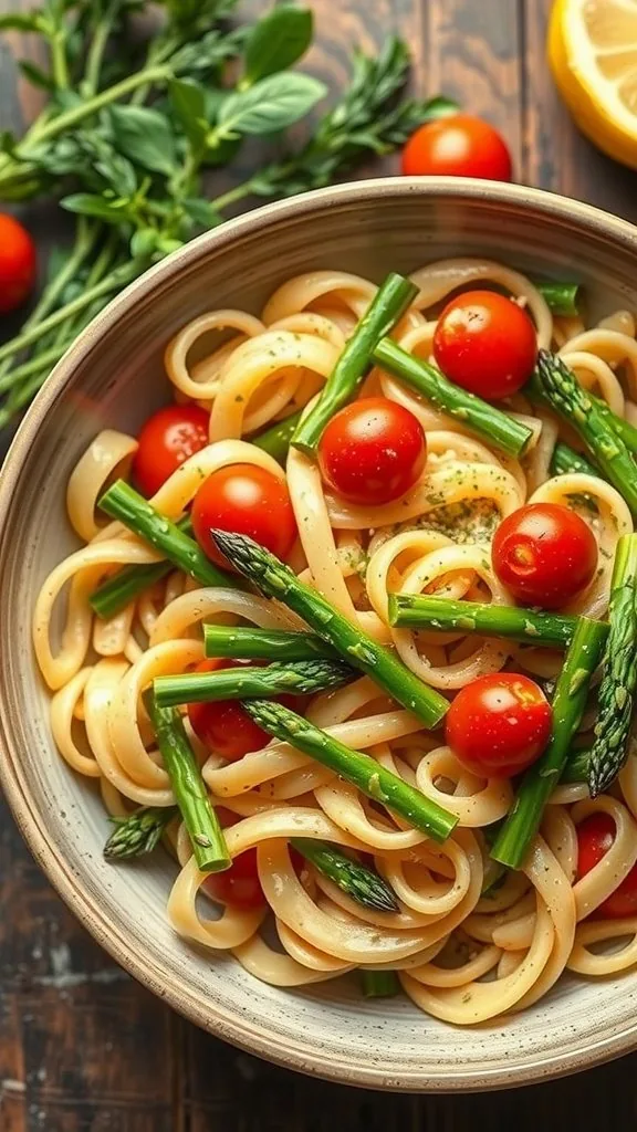 A bowl of lemon herb pasta salad with asparagus and cherry tomatoes.