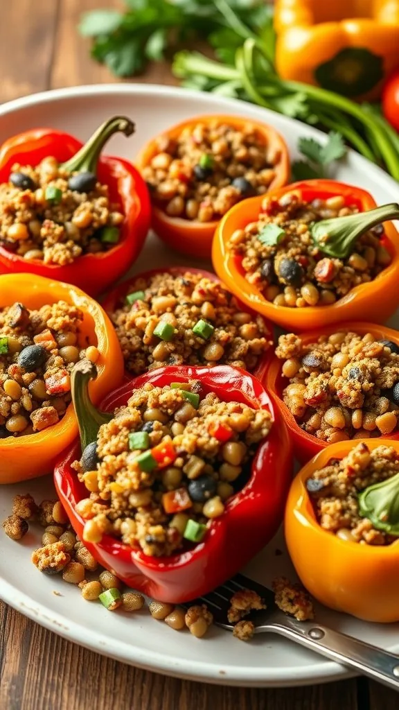 Colorful stuffed peppers filled with lentils and quinoa, garnished with fresh vegetables.