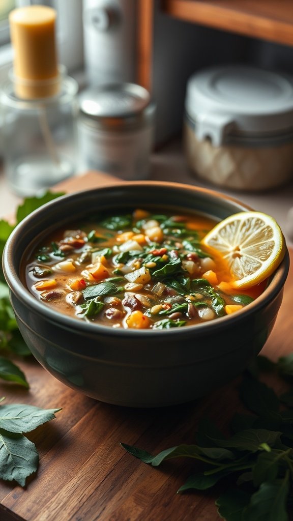A bowl of lentil and spinach soup garnished with a slice of lemon