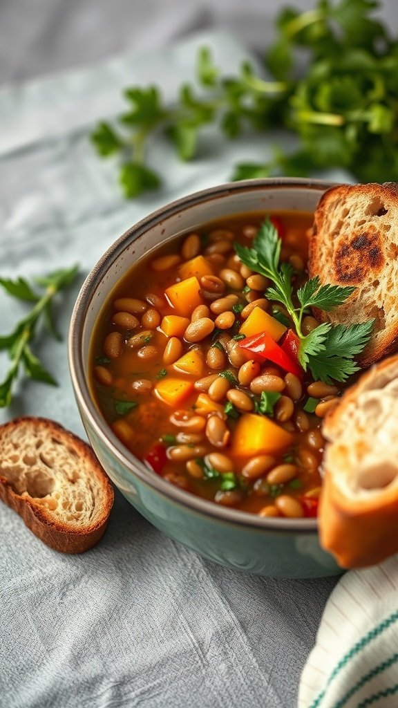 Bowl of lentil and vegetable soup with bread on the side