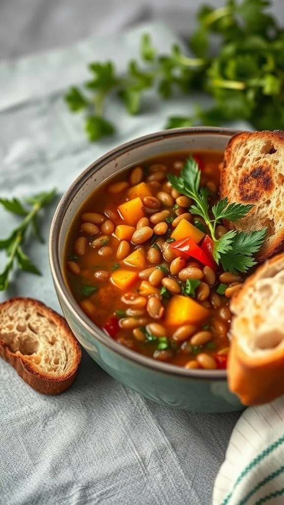 Bowl of lentil and vegetable soup with bread on the side