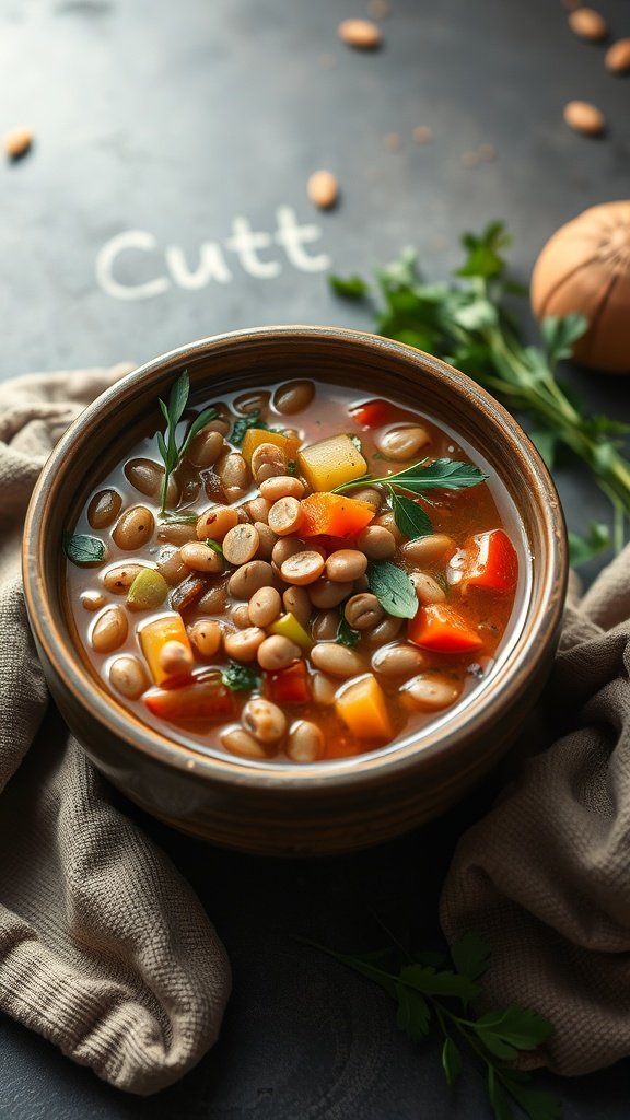 A bowl of lentil and vegetable soup with mixed vegetables and lentils, garnished with herbs.