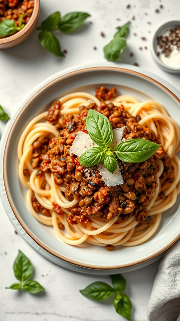 A plate of spaghetti topped with lentil bolognese sauce, garnished with fresh basil.