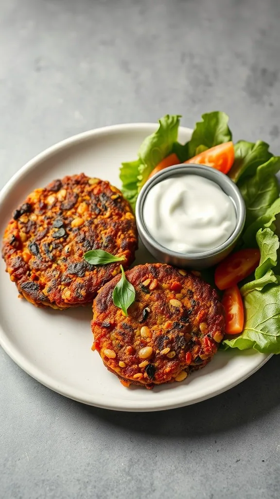 Two lentil patties served with yogurt sauce and fresh vegetables on a plate.