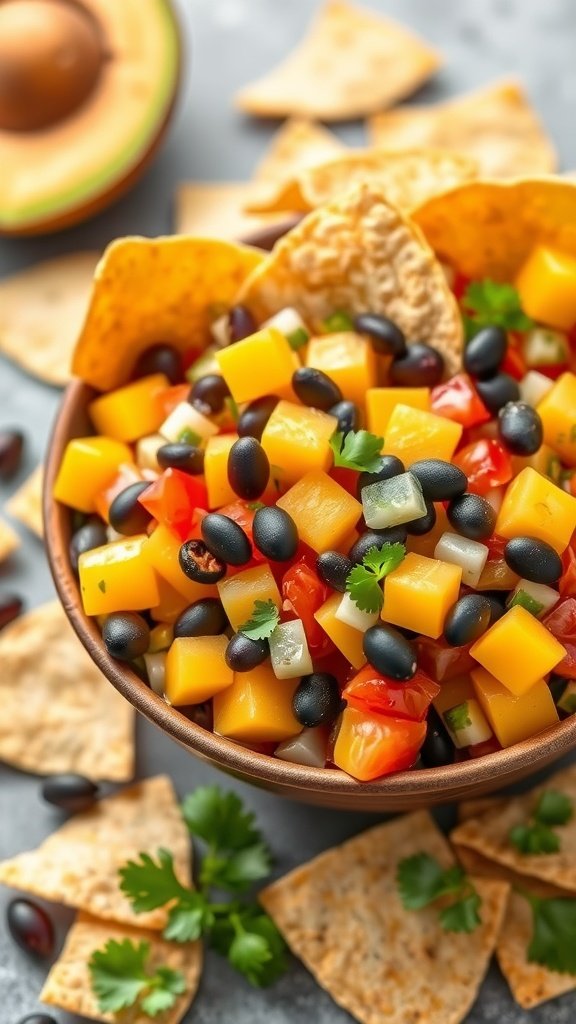 A bowl of mango and black bean salsa with tortilla chips