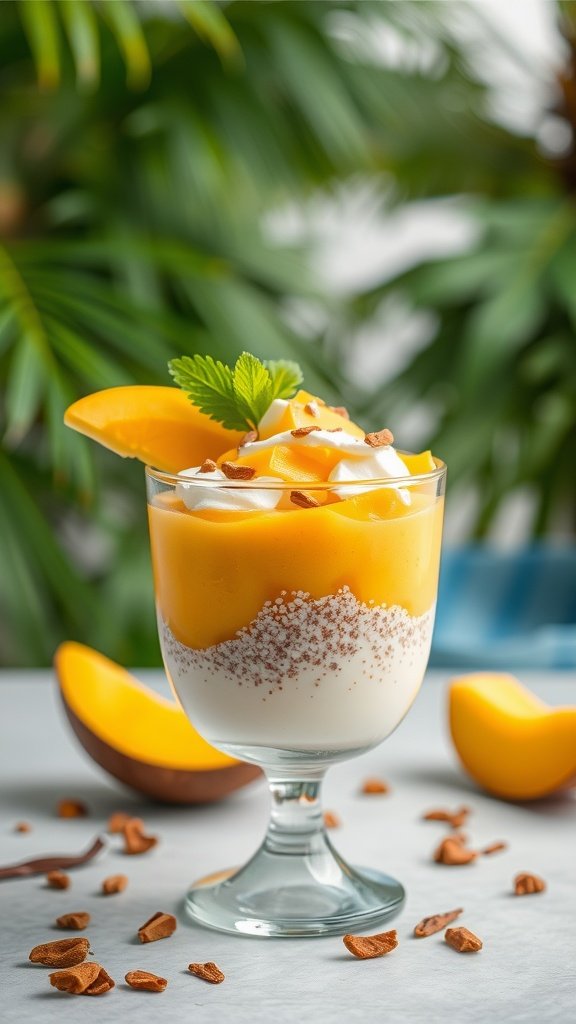 A glass of mango coconut chia pudding topped with mango slices and garnished with mint leaves.