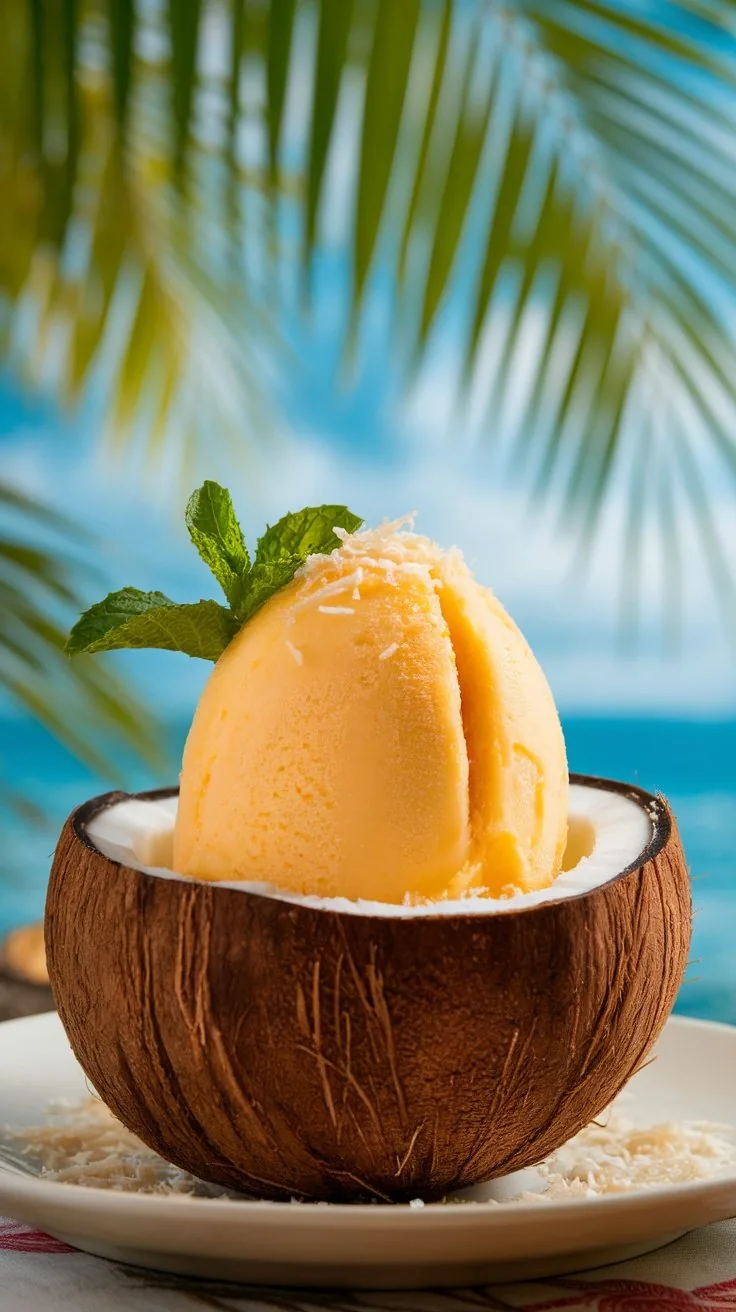 A scoop of mango coconut sorbet in a coconut shell, garnished with mint leaves.