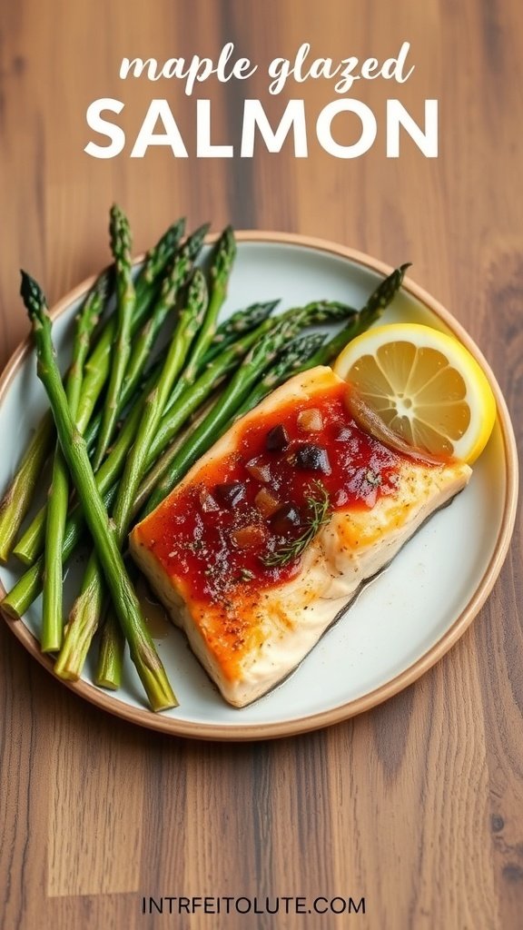 A plate of maple glazed salmon with asparagus and a slice of lemon