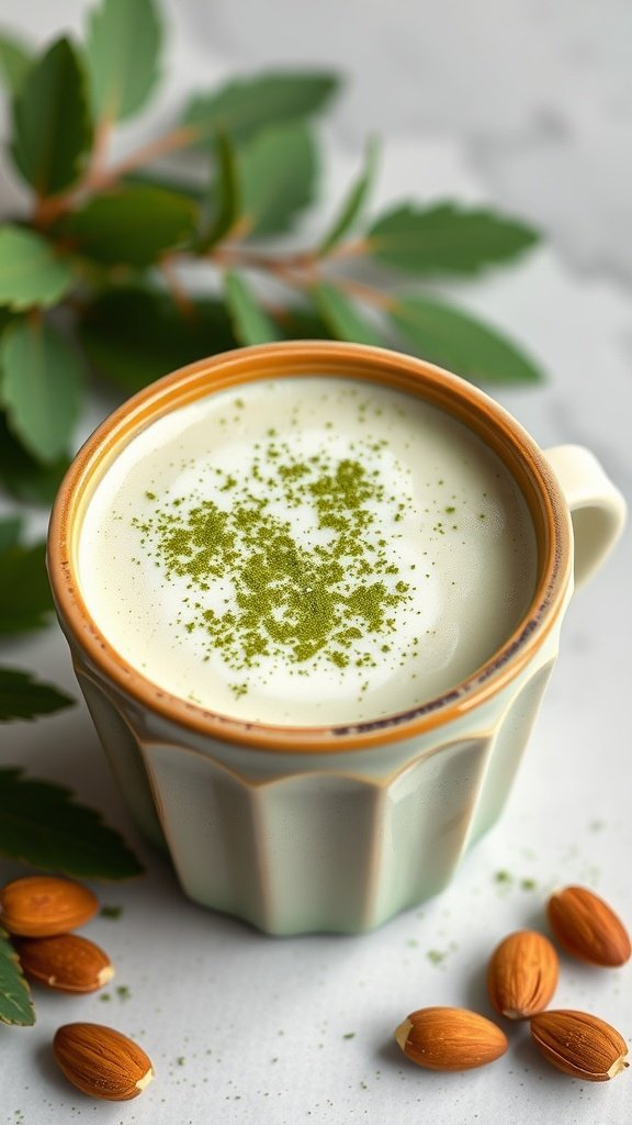 A creamy Matcha Almond Milk Latte topped with matcha powder, surrounded by almonds and green leaves.