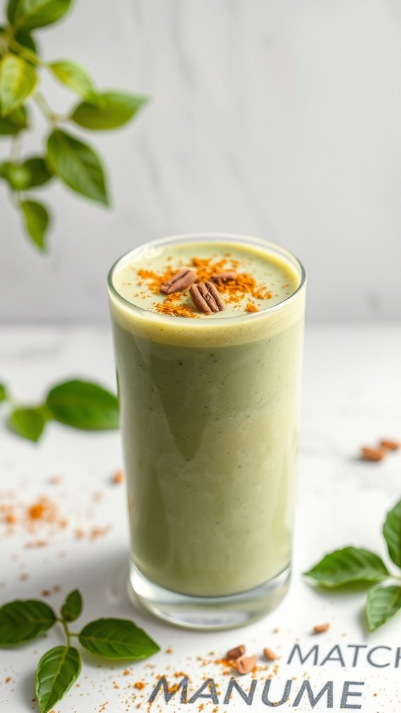 A refreshing matcha green tea smoothie topped with nuts and spices, surrounded by green leaves.