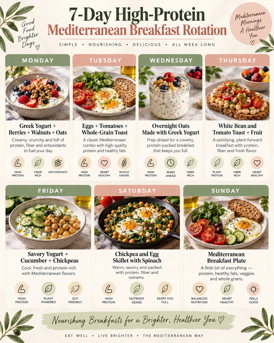 Seven-day high-protein Mediterranean breakfast rotation