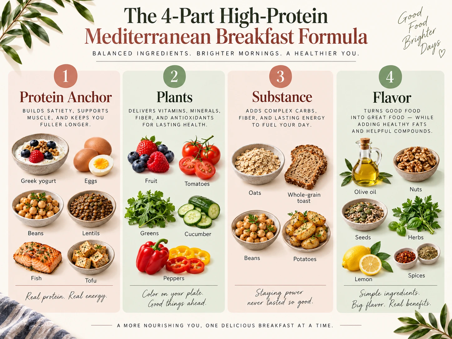 The four-part high-protein Mediterranean breakfast formula: protein anchor, plants, substance and flavor