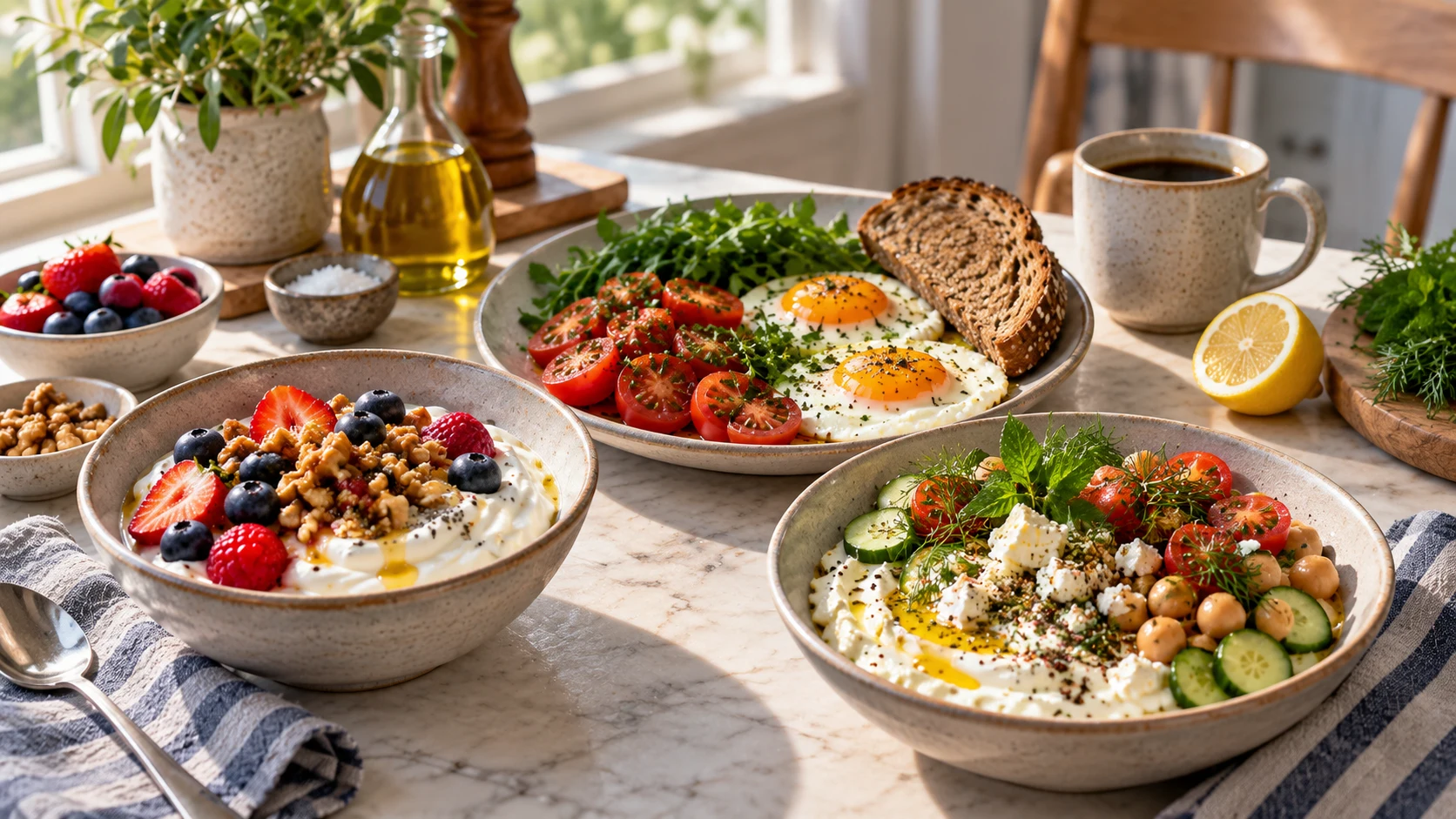 Sunlit Mediterranean breakfast spread with yogurt, eggs, fruit, tomatoes and whole-grain foods