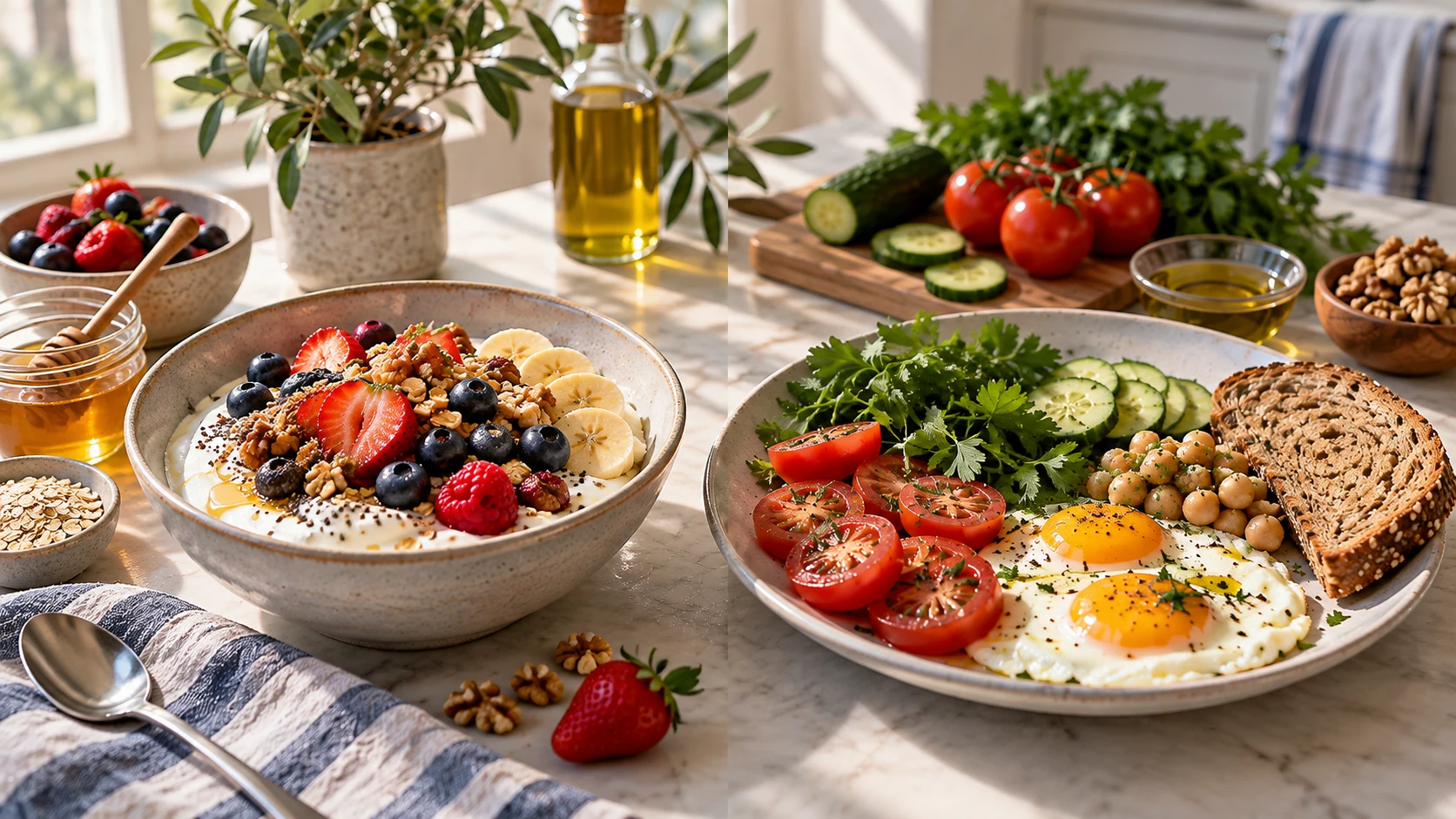 Sweet and savory high-protein Mediterranean breakfast ideas side by side