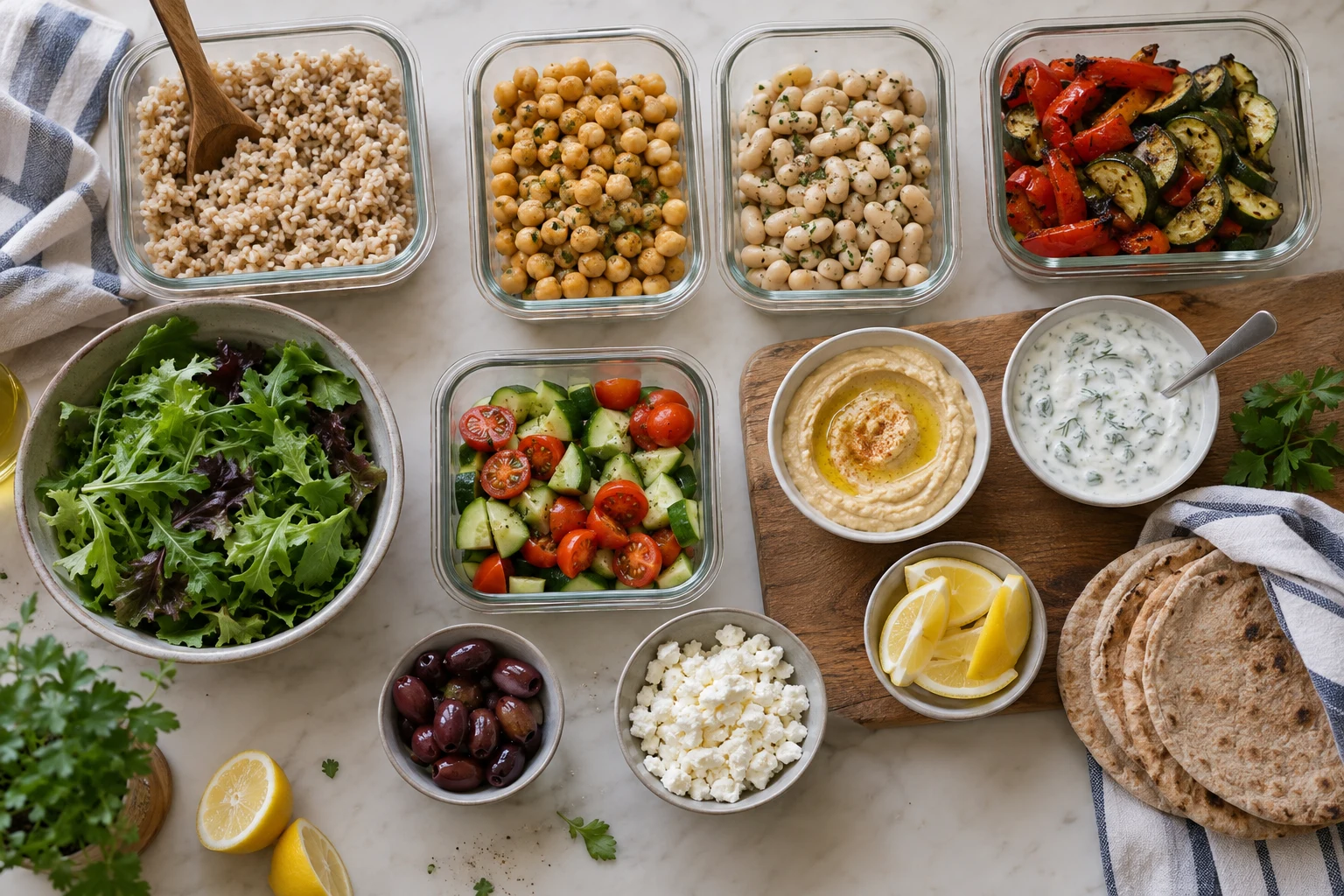 Mediterranean lunch prep components including grains, beans, vegetables, hummus, yogurt sauce, feta, olives and whole-grain pita