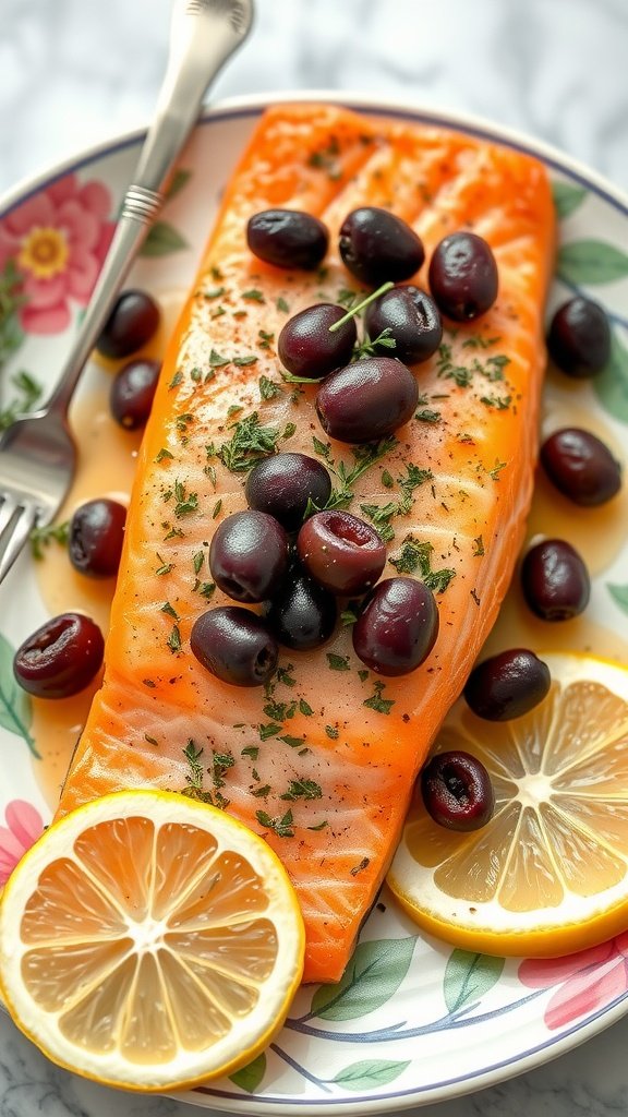 A plate of Mediterranean baked salmon with olives, garnished with lemon slices.