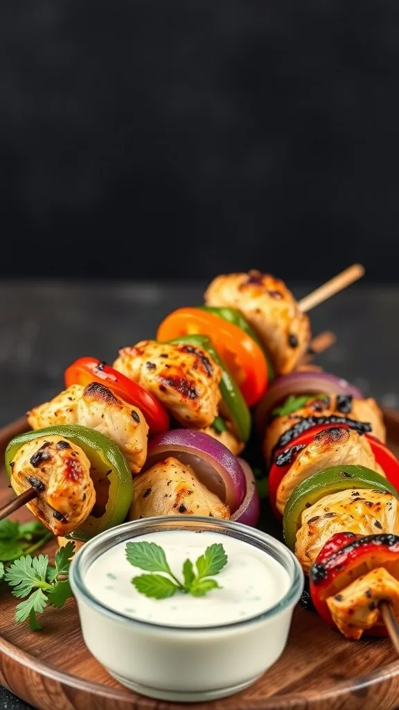Grilled chicken skewers with colorful bell peppers and onions on a wooden plate, served with a creamy dip.